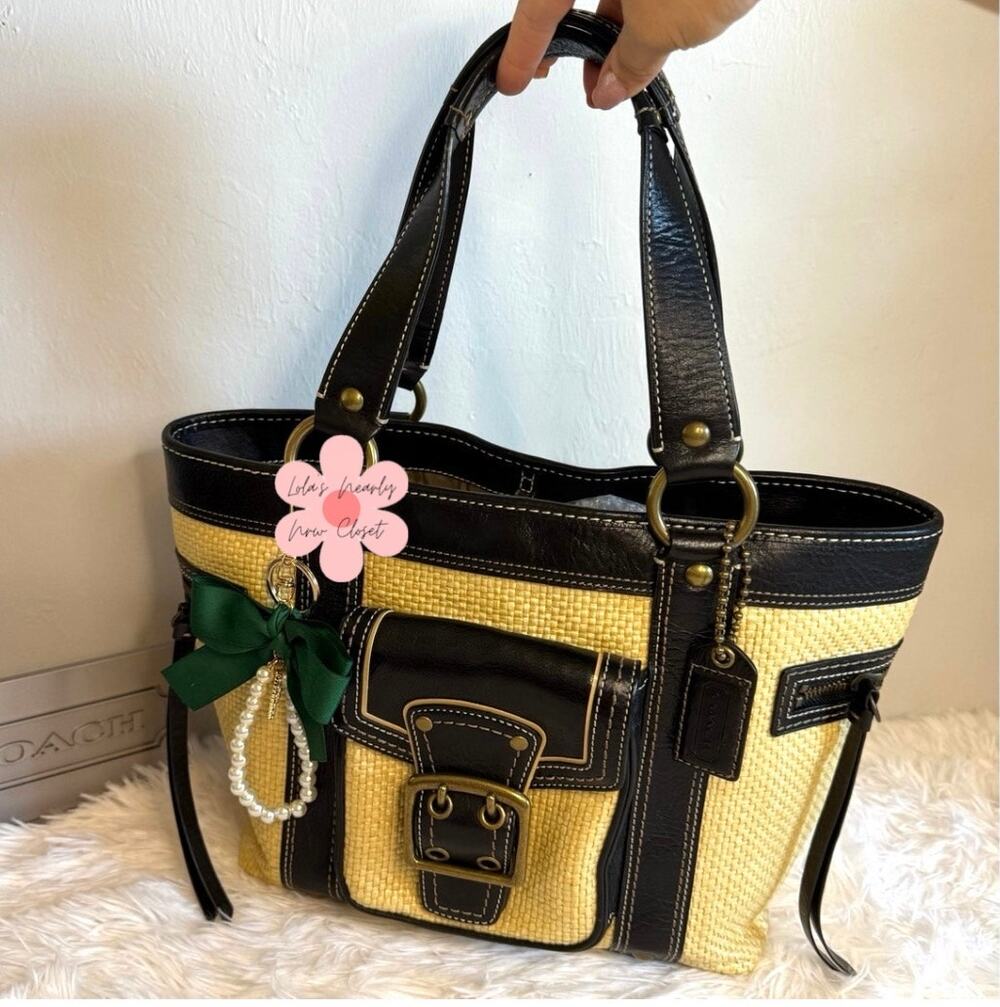 Vintage COACH y2k Black Natural Legacy Straw Tote Bag